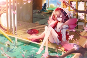 动漫女孩,水,花瓣,唯美4k壁纸