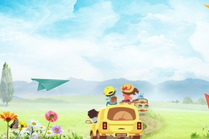 春天自驾游卡通插画唯美蓝色banner