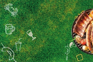 草地烧烤party手绘几何绿色背景