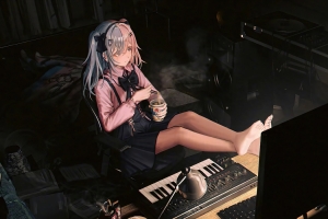 房间 女孩 面条 电脑桌 暗色系平板壁纸
