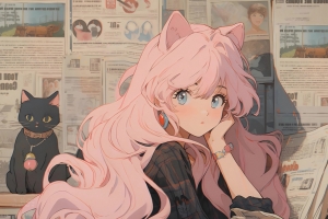 女仆 兽耳少女 一手托腮 报纸墙 4K壁纸 3840x2160