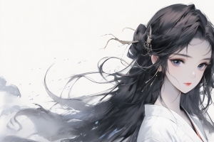水墨少女3440x1440动漫带鱼屏壁纸