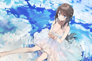 美少女白色裙子 水 倒影 天空 云4k动漫壁纸