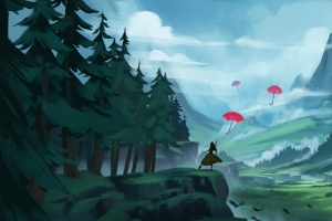 女人 雨伞 插画 风景 山脉 森林 3440x1440壁纸