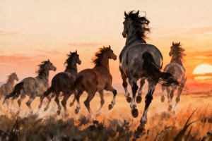 草原黄昏 奔跑的骏马 马的背影图4k壁纸