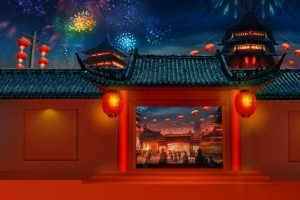 古风门楼新年热闹喜庆海报背景素材