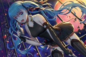 蓝色长发美少女 黑色短裙长丝袜 夜晚 4k动漫壁纸