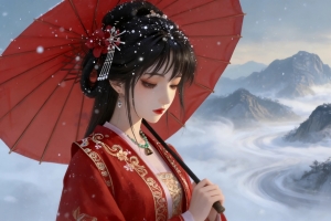 红色伞古风美女山雾4K高清动漫电脑壁纸3840x2160免费下载