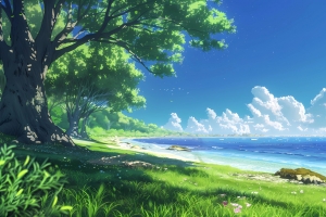夏天海边风景绿树草地蓝天白云高清壁纸3200x2000免费下载