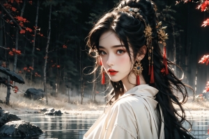 AI绘画 古风美女 白色衣服 头饰 树林 红花 水 4K动漫壁纸