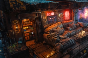 迷幻赛博朋克城市 高层空中露台 动漫风景 3440x1440带鱼屏壁纸免费