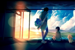 鲜花 男孩 女孩 阳光 天空 云 狗 猫 4K动漫图片