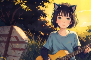 女孩 耳朵 neko 吉他 动漫 4k壁纸 3840x2160