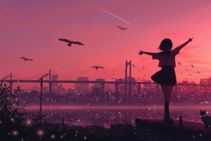 黄昏 少女背影 眺望 城市 4K动漫壁纸