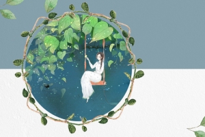 立夏小清新文艺少女荡秋千撞色背景
