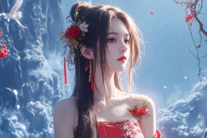 红衣唯美古风女子3000x2000分辨率壁纸