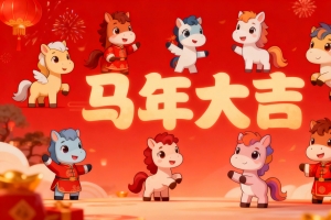 2026马年大吉 9只可爱小马 新年春节红色喜庆背景4k壁纸
