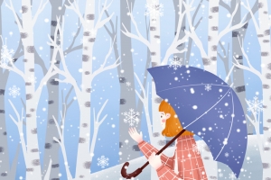 冬天手绘人物雪中散步背景图