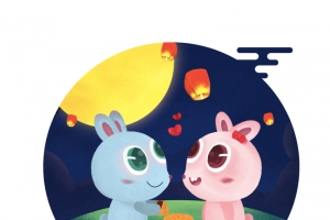 中国风手绘中秋兔子吃月饼