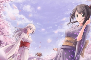 女孩 和服 樱花 花瓣 动漫 艺术 4k壁纸 3840x2160