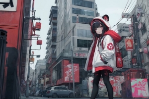 女孩 兜帽 耳朵 运动鞋 街道 动漫 4k壁纸 3840x2160