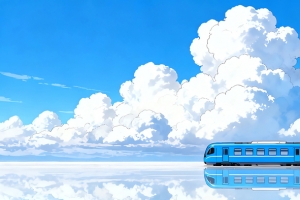 湖面蓝天白云与蓝色列车1920x720高清车机壁纸免费下载