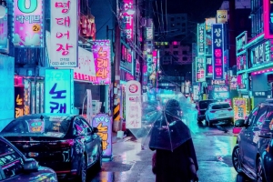 夜城 街道 伞 人 招牌 照明 霓虹 4k壁纸 3840x2160