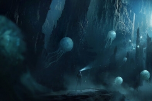 奇幻山崖海底世界水水母