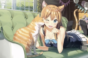 蓝眼,金发,尾巴,动物的耳朵,黑色丝袜,猫,动漫女孩4k壁纸