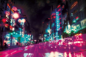 紫色不夜城都市迷幻街道广告背景