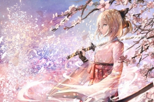 fate stay 晚上 艺术 女孩 武士刀 剑 樱花 4K动漫saber壁纸