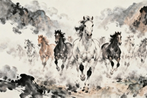 十匹奔跑的骏马 水墨画 2026马年图片素材 5K壁纸图片