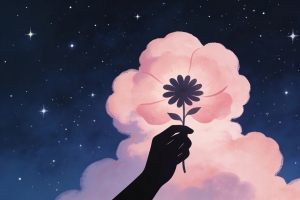 天空 星星 云朵 手拿着一朵小花 4K壁纸