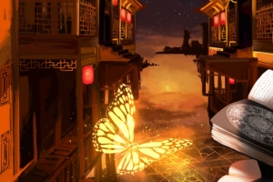 晚上 古典建筑 蝴蝶 书 日本动漫美女3440x1440壁纸