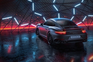 保时捷911 turbo s 保时捷 汽车 跑车 灰色 霓虹灯 夜间 4k壁纸 3840x2160