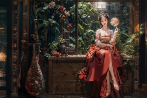古风美女红色裙子 扇子 3200x2000全屏电脑壁纸