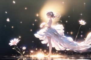 唯美少女 小女孩 白色长裙 花 星光 4K动漫壁纸
