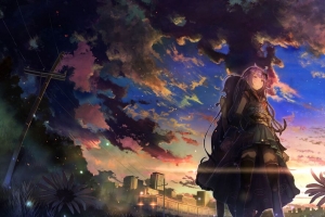 女孩 触摸 天空 云 日落 动漫 4k壁纸 3840x2160