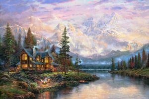 森林,教堂山小屋,托马斯·金凯德,风景绘画图片