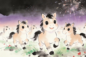 2026马年水墨风可爱小马烟花庆祝新年4K高清壁纸3840x2160免费下载