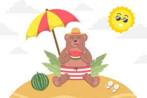 夏天坐在沙滩度假晒太阳的熊