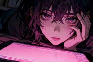 粉瞳动漫少女 紫粉色背景 4K壁纸3840x2160