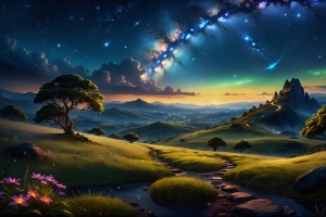 星空 山 小路 树 绿色草地 鲜花 4k风景壁纸 3840x2160