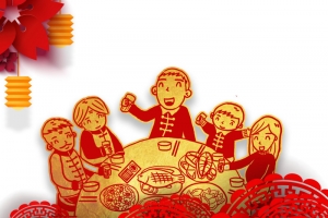 除夕年夜饭灯笼手绘人物剪纸