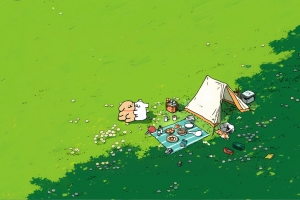 绿草地树荫线条小狗露营野餐4K动漫高清电脑壁纸3840x2160免费下载