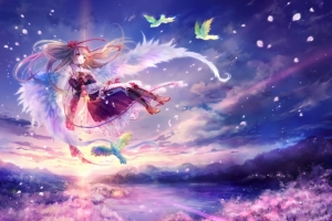 天空 小女孩 羽毛 鸟儿 唯美梦幻动漫风景6k壁纸