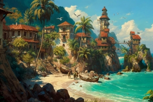 《Forge of Empires》绘画 海岸 棕榈树 海 帆船 4k游戏风景壁纸 3840x2160