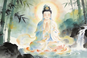 观世音菩萨竹林瀑布水墨风3200x2000高清壁纸免费下载