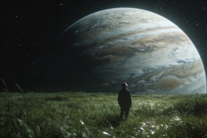 一个人 绿草地 星空 星球 梦想家 4K风景壁纸