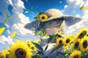 女孩 帽子 向日葵 花 花瓣 动漫 4k壁纸 3840x2160